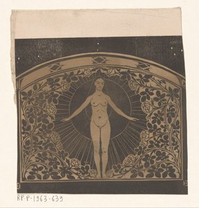 Diseño para el marco de un calendario para 1901 que muestra una mujer y flores de Gerrit Willem Dijsselhof