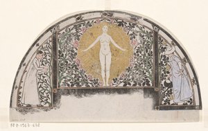 Diseño para el marco de un calendario de 1901 con mujeres y flores