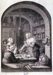 Tendero del pueblo pesando con una balanza. s.d. siglo XVIII de Gerrit or Gerard (after) Dou