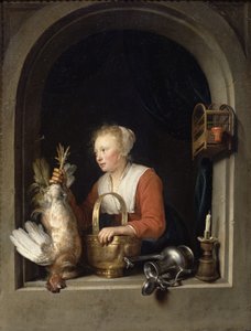 La ama de casa holandesa o La mujer colgando un gallo en la ventana, 1650 de Gerrit Dou