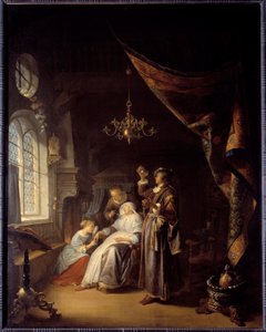 La mujer hidrópica. Un médico examina la orina de una mujer con hidropesía de Gerrit Dou