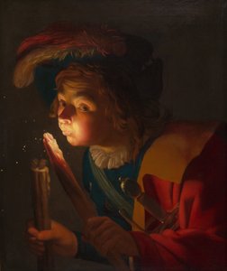 Un niño soplando una brasa de Gerrit van Honthorst
