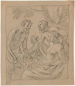 Diana y dos ninfas recibiendo regalos de un sátiro