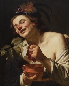 Joven Sonriente Exprimiendo Uvas, 1622 de Gerrit van Honthorst
