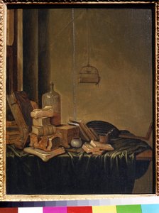 Bodegón con libros. Pintura de Gerrit van Vucht (1600 o 1620 - ca. 1697). Óleo sobre madera, 34 x 28 cm. Escuela holandesa del siglo XVII. Museo de Bellas Artes Pushkin, Moscú. de Gerrit van Vucht