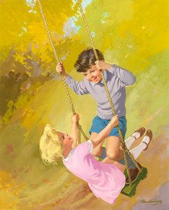 Niño y niña en un columpio