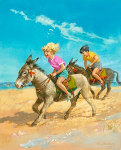 Niño y niña montando en burro en la playa
