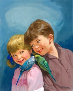 Niño y niña con periquitos