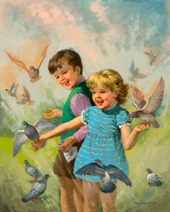 Niño y niña con palomas