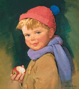 Niño comiendo manzana (litografía en color)