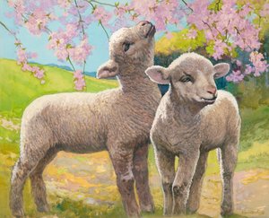 Dos corderos comiendo flores (gouache sobre papel)
