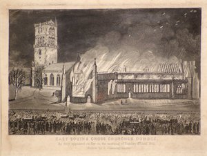 East, South & Cross Churches, Dundee, tal como aparecieron en el incendio del domingo 3 de enero de 1841, c.1841 (grabado) de Gershom Gourlay Cumming