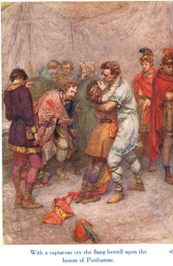 Con un grito de éxtasis se arrojó sobre el pecho de Póstumo", ilustración de "Shakespeare
