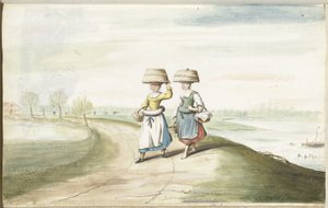Dos campesinas caminando en un paisaje de Gesina ter Borch (signed by artist)
