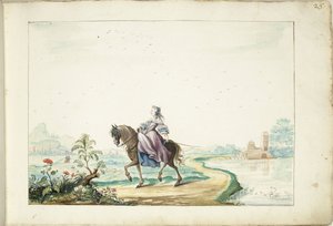 Mujer a caballo en un paisaje de Gesina ter Borch (signed by artist)
