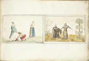 Señor atando un zapato y ermitaño indicando una capa de Gesina ter Borch