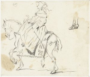 Mujer a caballo, vista de lado, con un boceto de la parte inferior de la pierna y el pie de Gesina ter Borch