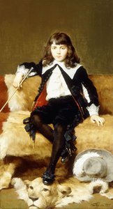 Retrato de un niño, sentado de cuerpo entero, en un sofá cubierto con una piel de león de Geza Vastagh