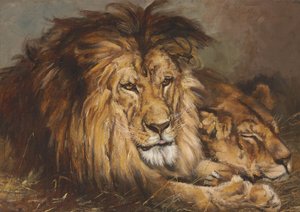 Boceto para "León y leona descansando", 1899 de Geza Vastagh