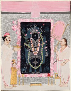 El sumo sacerdote Tilakayat Govardhanlalji hace ofrendas a Shri Nathji en celebración..., c. 1890 de Ghasiram Hardev Sharma
