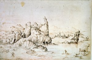 Un castillo en una roca en un paisaje montañoso, 1540 de Gherado Cibo