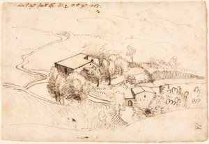 Granja con árboles en un paisaje montañoso, 1567 de Gherado Cibo
