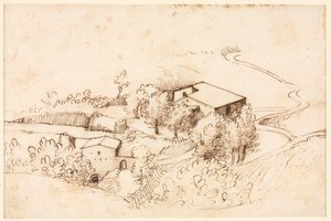 Granja con Árboles en un Paisaje Ondulado de Gherardo Cibo