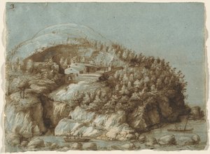 Paisaje montañoso con barcos
