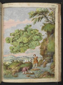 Liquen y dos mujeres lavando ropa o pieles en una piscina, de "Paintings of Flora of the Roman States" de Gherardo Cibo, Add MS 22333, f171r, c.1564-84 (acuarela y gouache sobre papel)