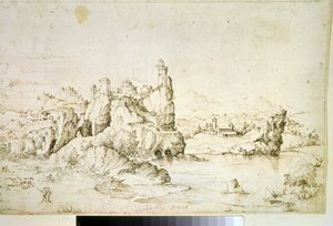 ""Un chateau perche sur une montagne"" (Un castillo sobre una roca en Mountainscape) Dibujo en tinta marrón de Gherardo Cibo (1512-1600) 1540 Museo Pushkin, Moscú de Gherardo Cibo