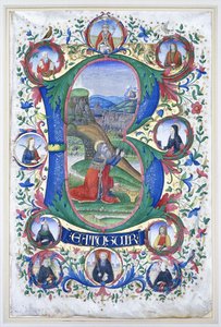 El rey David en oración dentro de una inicial muy grande "B", el entorno con diez grandes medallones cada uno conteniendo el retrato de un santo, c.1500 de Gherardo di Giovanni del Fora