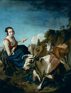 Una niña con una vaca y una oveja en un paisaje rocoso, c.1700 (óleo sobre lienzo)