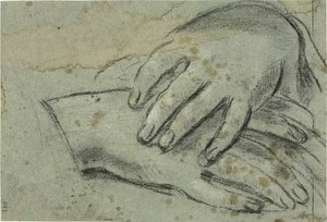 Manos cruzadas (anverso); pie derecho parcialmente cubierto por un drapeado (reverso) de Giacomo Cavedone