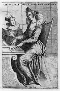 Una cortesana con vestido elegante tocando el piano. Grabado de Giacomo Franco (1550-1620) de Venecia, usos y costumbres, circa 1597