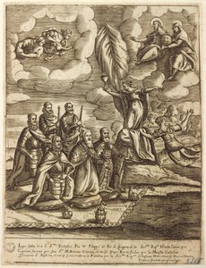 Alegoría de la Santa Liga de 1571 estipulada por el Papa Pío V, Felipe de España y el Dux de Venecia Alvise Mocenigo, grabado de Giacomo Franco (1556-1620) de Giacomo Franco
