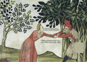 La Fuente de la Vida, detalle de un hombre tirando de una mujer en un bosquecillo de Giacomo Jaquerio