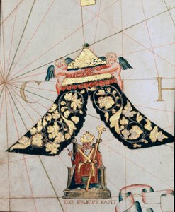 Representación del sacerdote Juan, gobernante de un reino cristiano ubicado hacia Etiopía (Detalle de un mapa del siglo XVI) de Giacomo Maggiolo