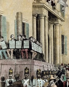 Risorgimento: miembros del movimiento Giovine Italia (incluyendo a Carlo Cattaneo (1801-1869), Tinelli, Danzi, Bussi) sentados frente al Palacio de Justicia en Milán, escuchando la sentencia que los condena al exilio en 1848. Litografía de Manteg