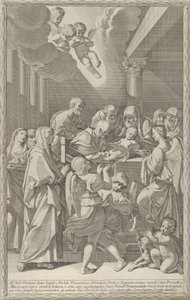 La circuncisión de Cristo, un grupo de hombres, mujeres y ángeles lo rodean, 1687-1717 de Giacomo Maria Giovannini