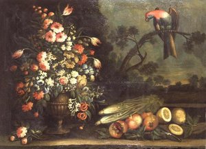 Naturaleza muerta, flores mixtas, vegetales y loro de Giacomo Nani