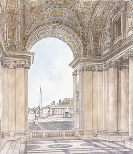 Vista de la Piazza San Pietro, Roma mirando al sur desde el pórtico de la Basílica, antes de 1779