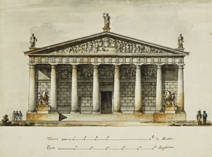Diseños para la Escuela de Equitación de los Guardias a Caballo, San Petersburgo: Elevaciones, sección y plano de planta de Giacomo Quarenghi