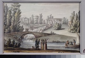 El Templo de Apolo y la cascada en el Parque Pavlovsk (San Petersburgo). Obra de Giacomo Antonio Domenico Quarenghi (1744-1817), tinta y acuarela sobre papel, hacia 1800. Arte italiano de Giacomo Quarenghi