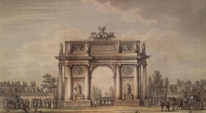 Vista de las Puertas de Narva en San Petersburgo con gradas para espectadores de Giacomo Quarenghi