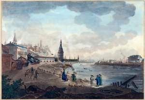 Vista del Kremlin de Moscú tomada desde el Puente de Piedra sobre el Moscova (Moskva o Moskwa). Obra de Giacomo Antonio Domenico Quarenghi (1744-1817), acuarela y tinta sobre papel, hacia 1790. Arte italiano de Giacomo Quarenghi