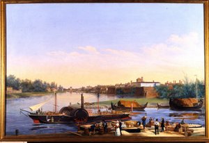 Vista del puerto de Pavía (Pavia) en el Po y del barco de vapor Principessa Clementina"" Pintura de Giacomo Trecourt (1812-1882) siglo XIX de Giacomo Trecourt