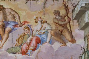 Ceres (diosa de la cosecha con un haz de espigas) y Diana (diosa de la caza con el arco), detalle de la Sala del Olimpo, c.1557 (fresco) de Giambattista Zelotti
