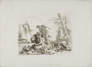Una mujer con los brazos encadenados y otras cuatro figuras, de Capricci de Giambattista Tiepolo