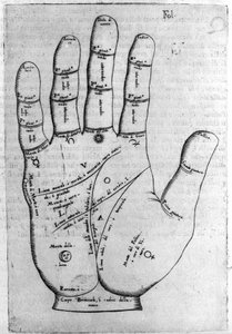 Quiromancia y predicción adivinatoria: representación de las diferentes líneas de la mano que permiten la interpretación de la personalidad. Grabado de “De magia” de Giambattista della Porta (1537? -1615) 1589