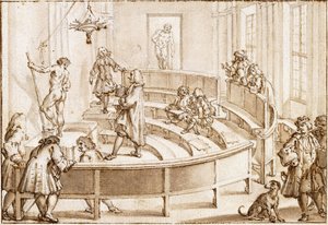 La Academia Clementina, Bolonia, con un desnudo siendo colocado por el maestro de dibujo, el Hércules Farnese al fondo (carboncillo negro, pluma y tinta marrón con aguada marrón). de Giampietro Zanotti